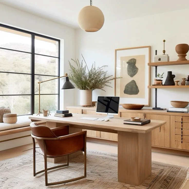 a modern organic style home office with leather chair and wood storage, modern art on wall and open shelving