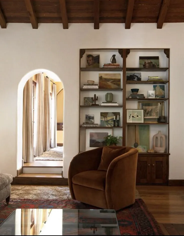Spanish built in bookshelves in living room interior decor