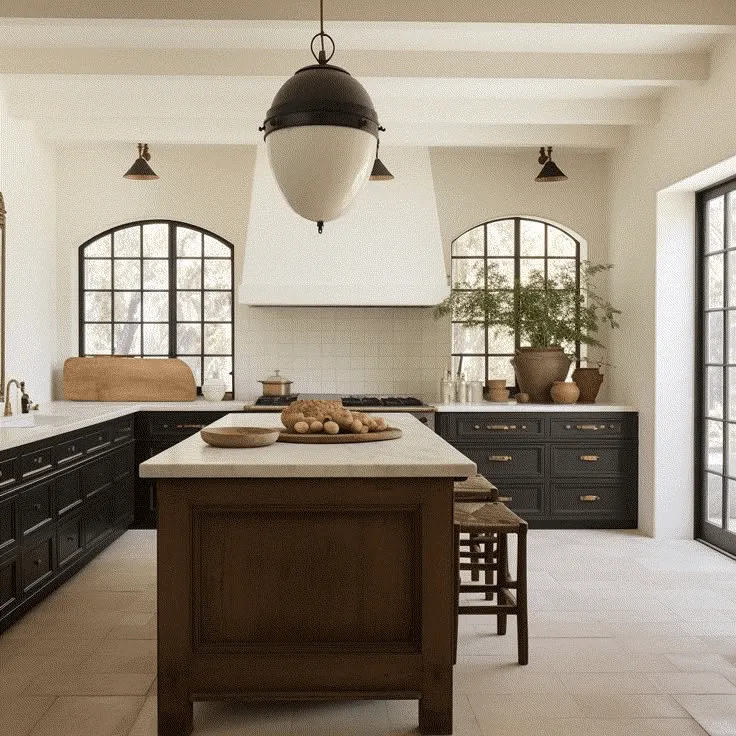 a Spanish-style house interior designed kitchen with lower drawers in black, creamy whites