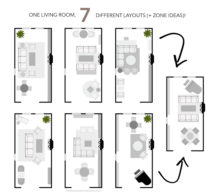 an illustration showing layouts for one living room with 7 different floor plans laid out into zone ideas for a home design client with fireplace, piano, and different seating areas