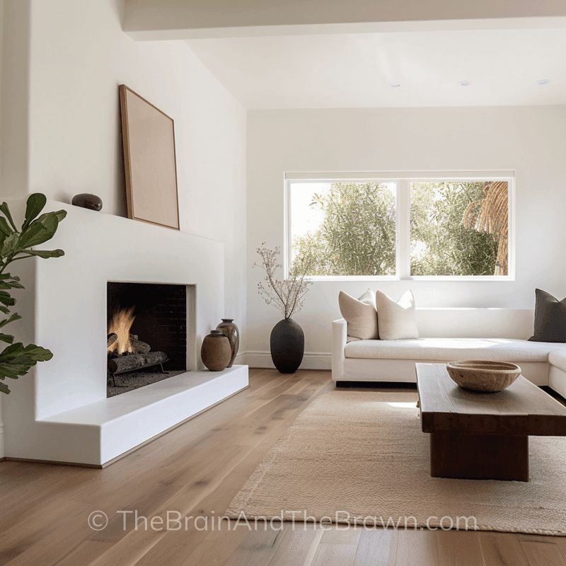 a living room with a white plaster fireplace and mantel in minimalist style