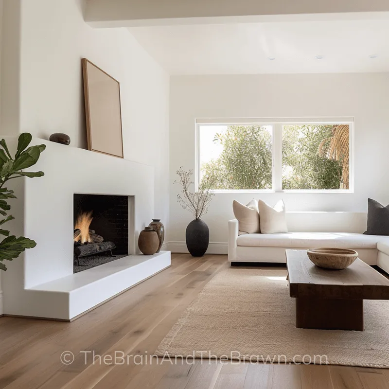 a living room with a white plaster fireplace and mantel in minimalist style