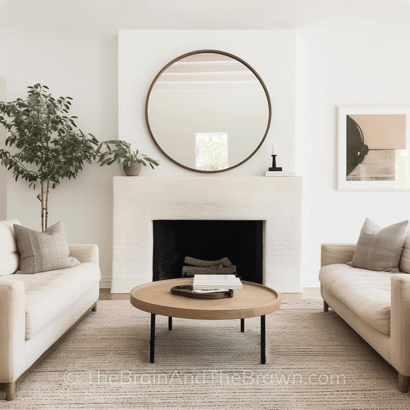 a neutral living room with stone fireplace, couches, and round mirror above fireplace