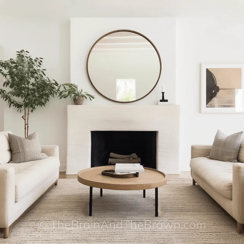 a neutral living room with stone fireplace, couches, and round mirror above fireplace