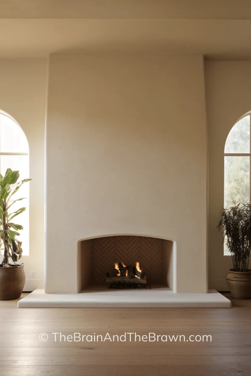 a cream-beige color plastered fireplace with arched design and herringbone tile in back