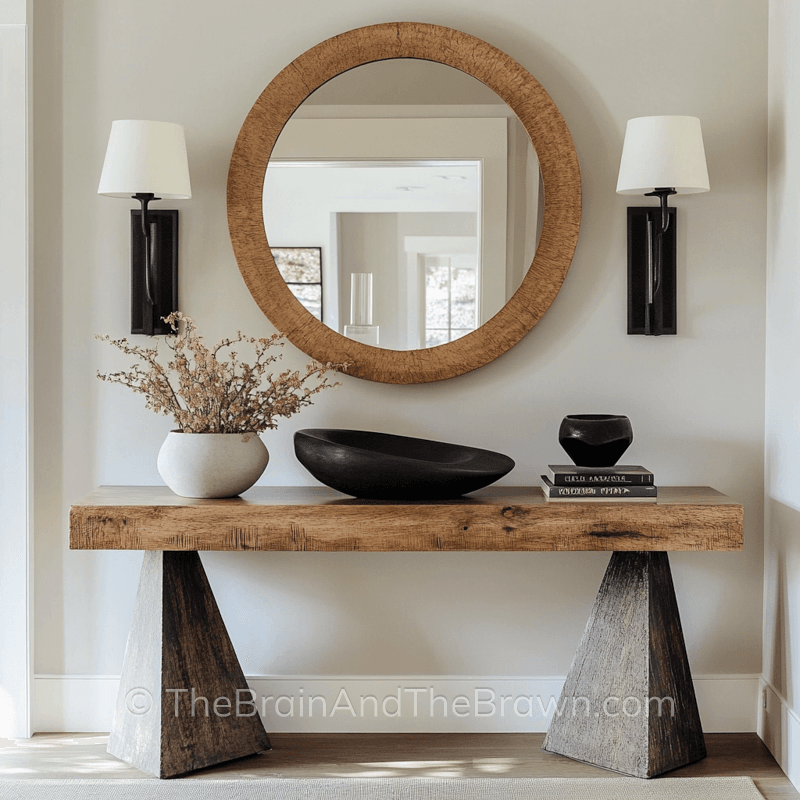 a console table against a blank wall with mirror, plants, books, vases, and lighting sconces in modern style with modern wood and black