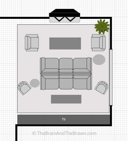 a graphic showing how to arrange living room furniture with TV and fireplace layout