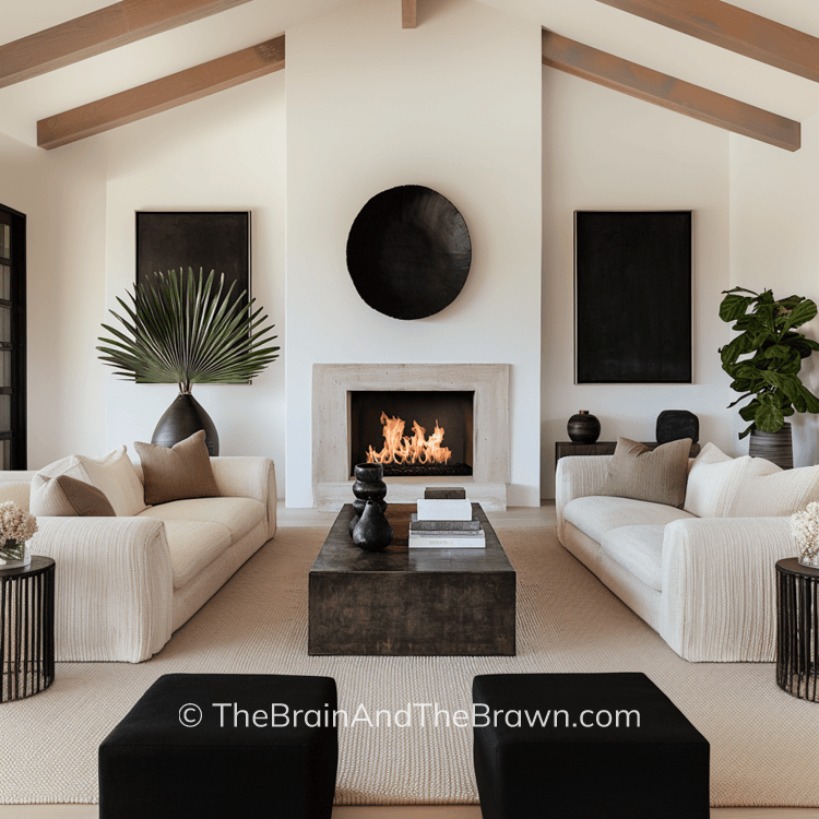 living room furniture arrangement ideas shown in neutral space with black accents and beamed ceilings