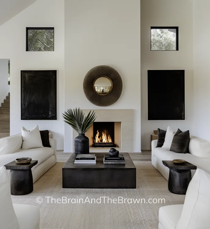 a large living room layout with black and white furniture, modern and high ceilings with black coffee table and black side tables