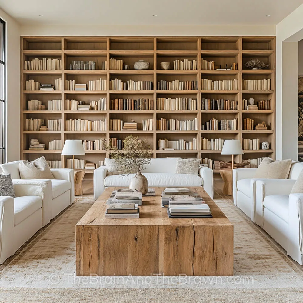 wooden built-in-bookshelves in a living room with U-shaped furniture layout and a raw wood coffee table, modern and solid