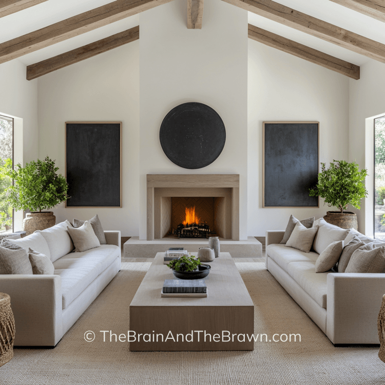 a large living room with two symmetrical sofas facing each other, and a fireplace with black artwork and decor, a large coffee table in middle of room and beams on ceiling