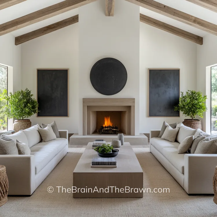 a large living room with two symmetrical sofas facing each other, and a fireplace with black artwork and decor, a large coffee table in middle of room and beams on ceiling