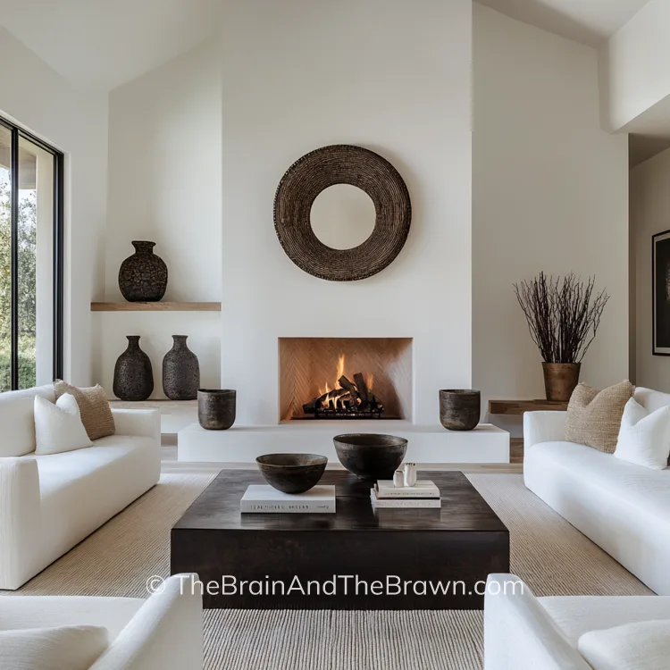 a minimalist modern living room with white couches and chairs, with a plaster fireplace and black accents, showing a U-shape arrangement