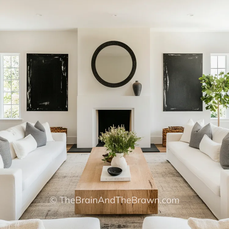 a light and bright living room with a fireplace and sofas and chairs in a U-shaped arrangement