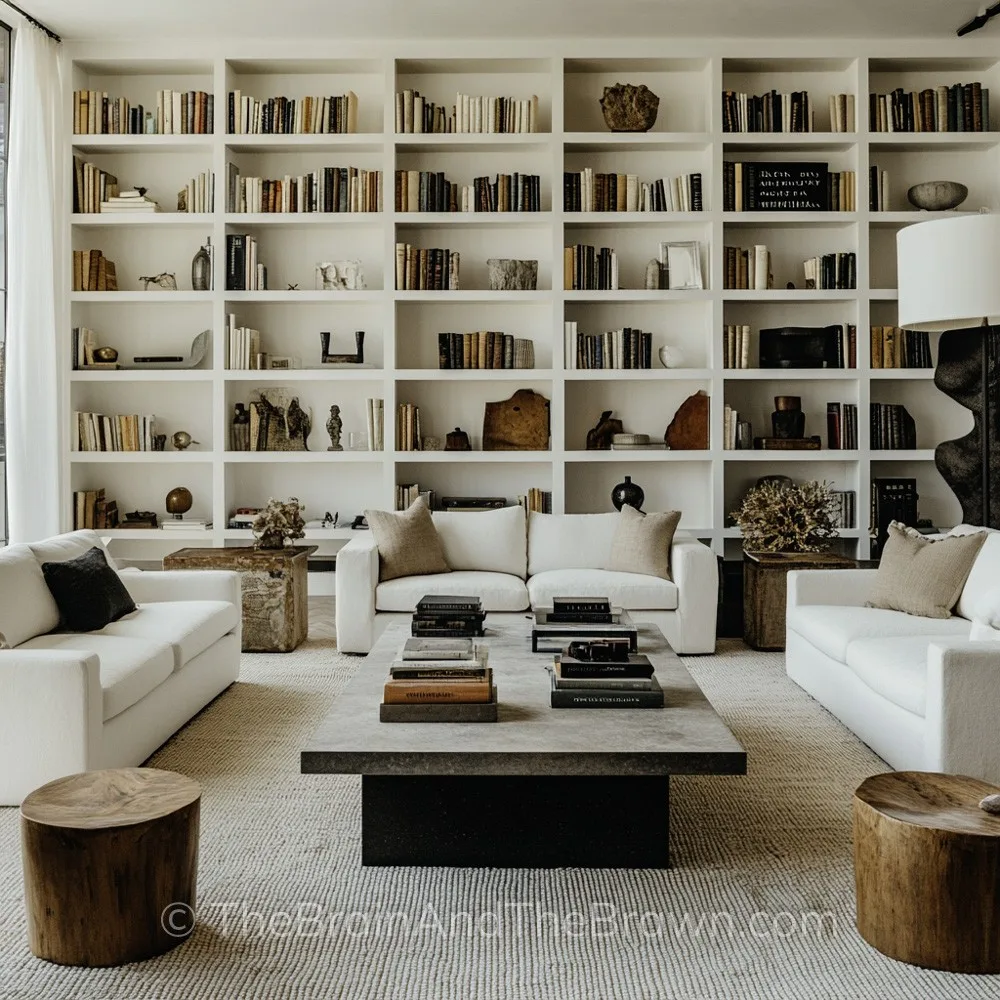 a living room with high ceilings and bookshelves, with three sofas in a U-shape layout