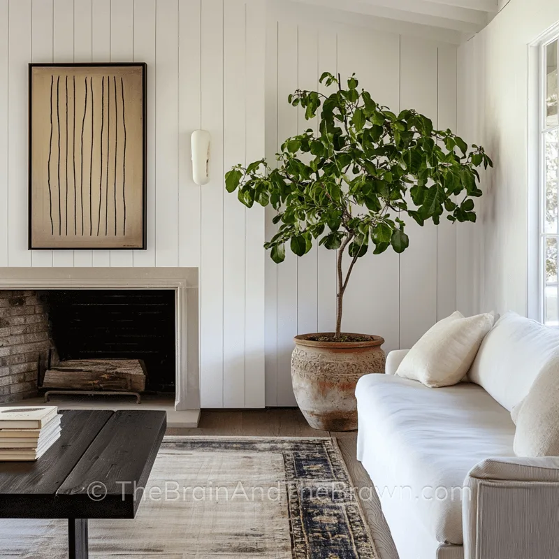 a small living room layout with sofa, coffee table, plant and fireplace with shiplap walls