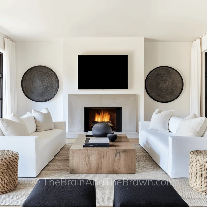 a living room with two couches facing each other and two ottomans with fireplace, along with a TV above the fireplace and a wood modern coffee table