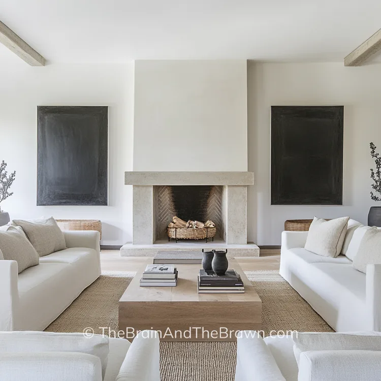 a living room with plaster and stone fireplace with U-shaped white furniture layout, showing how to arrange living room furniture with a fireplace