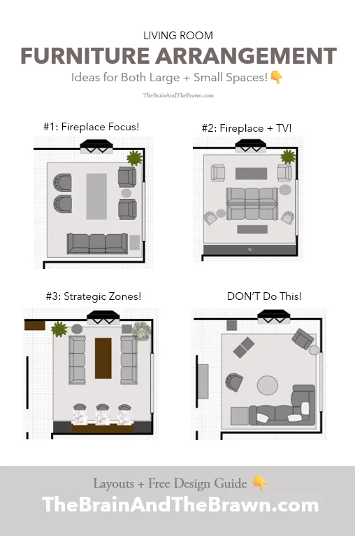 illustrated layouts showing living room furniture arrangement for both large and small space, with or without a TV and fireplace