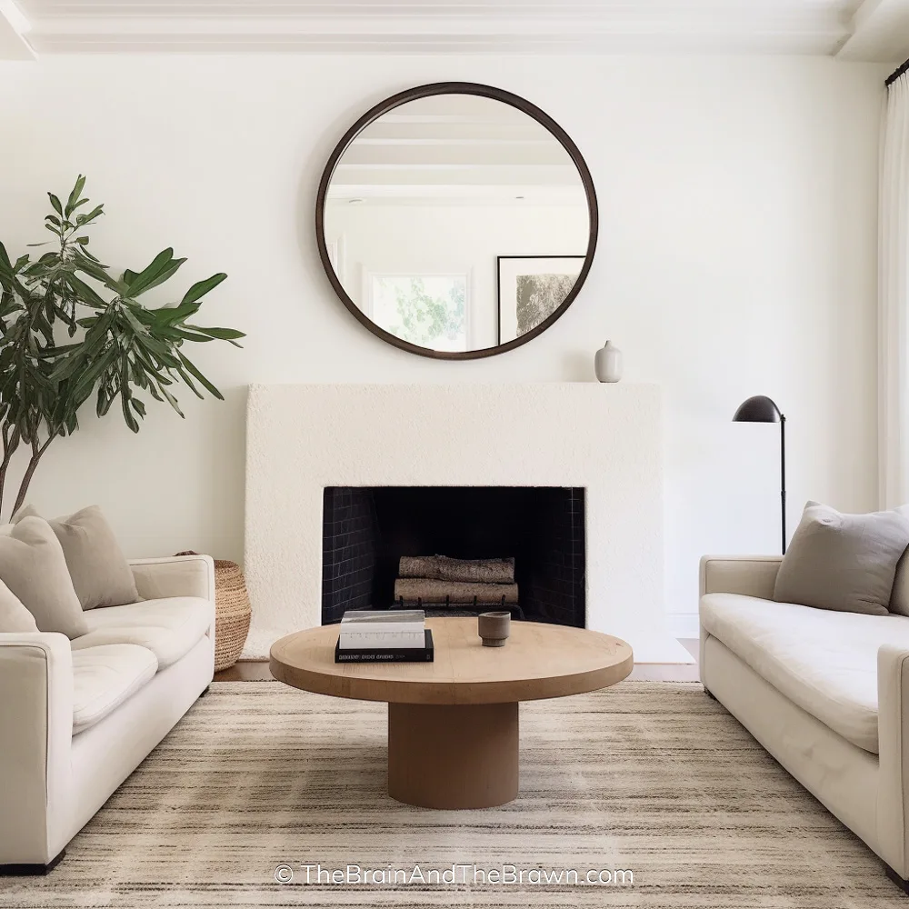 a calming neutral color palette with two sofas and fireplace showing how to arrange living room furniture in small space