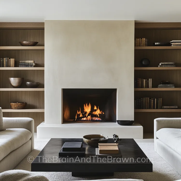 a small living room furniture arrangement with a concrete fireplace and greys and beige colors, with bookshelves and a black coffee table with sofas in a U-shape