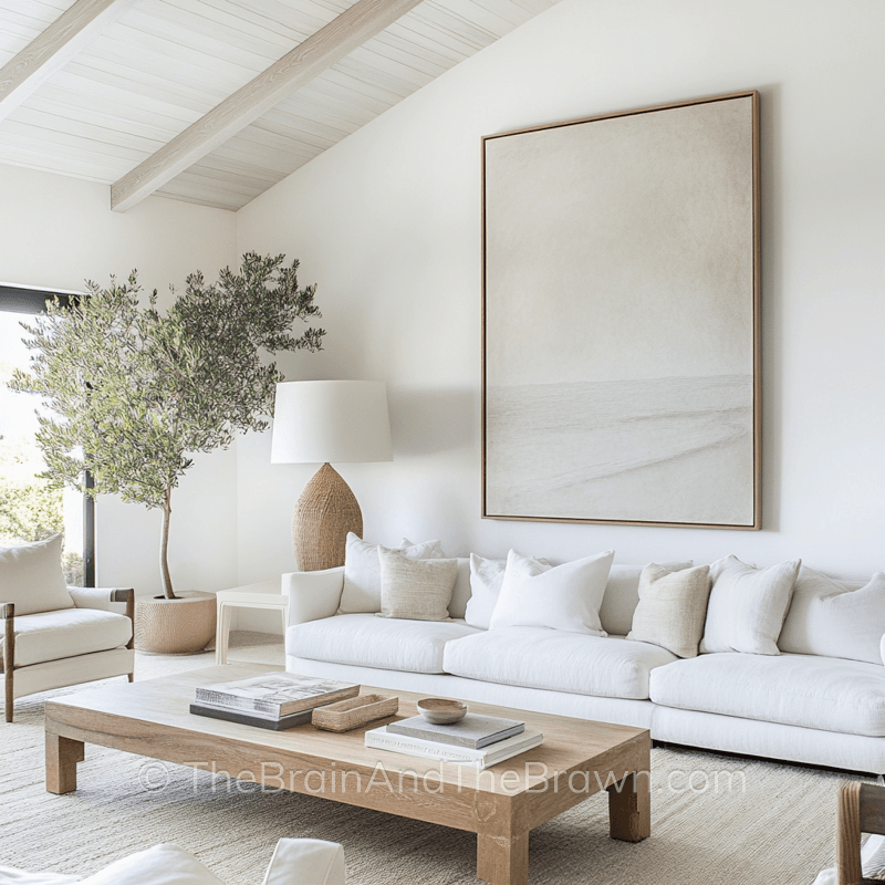 a white living room with big blank wall with modern abstract neutral artwork on it, relaxing and natural organic materials