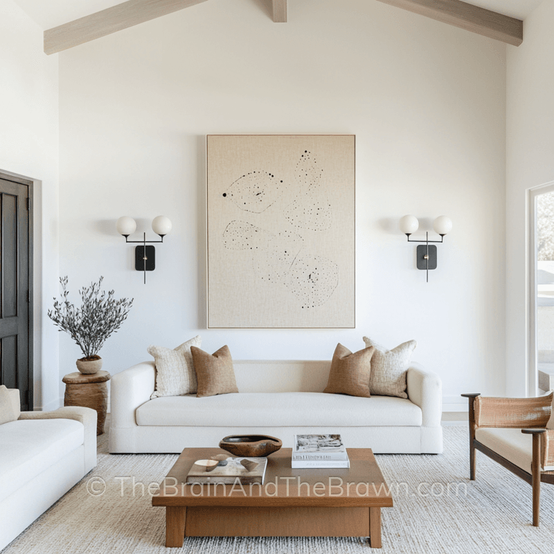 a blank wall in living room showing a large artwork canvas with wall sconces and raised ceilings, white and neutral