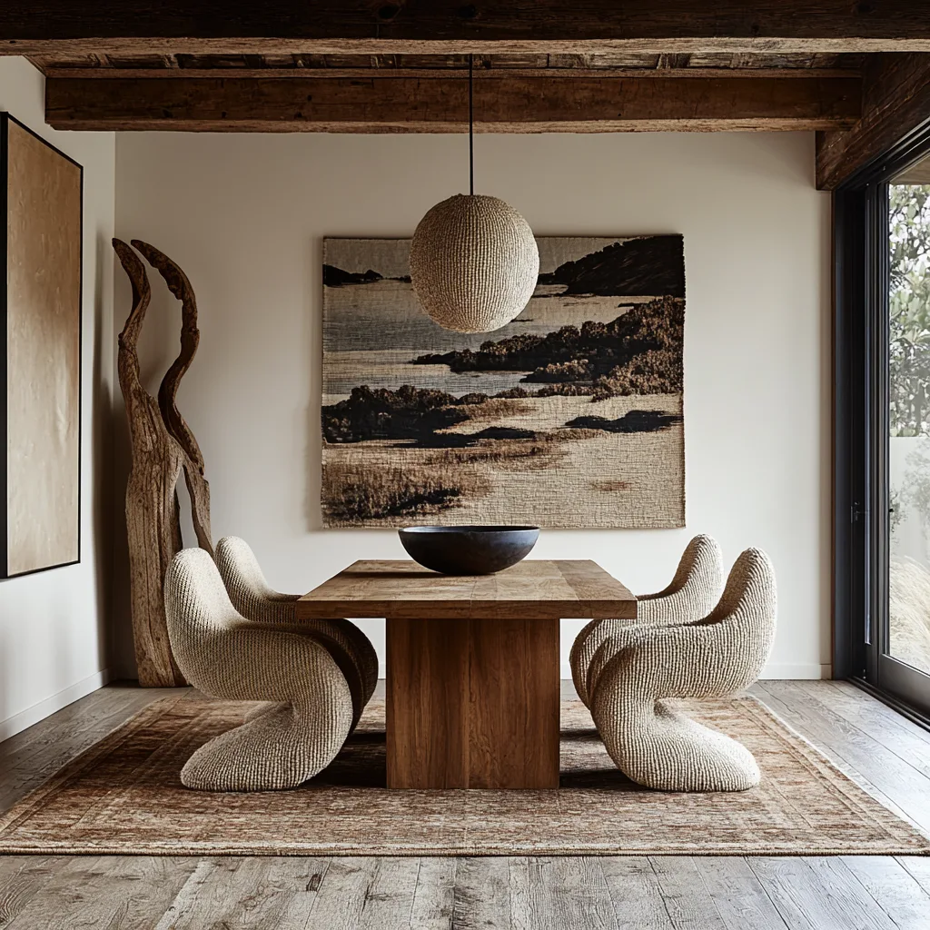 a dining room with a big empty wall covered by a tapestry in modern, neutral design style and decor