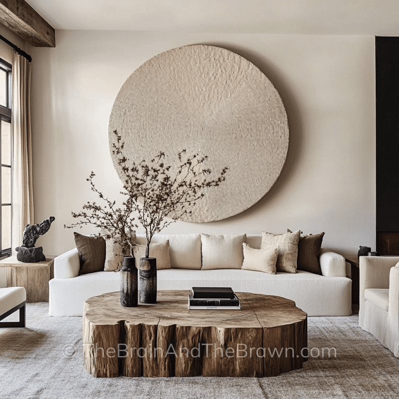 a living room with a large round decor piece on a large blank wall, neutral colors and wood coffee table