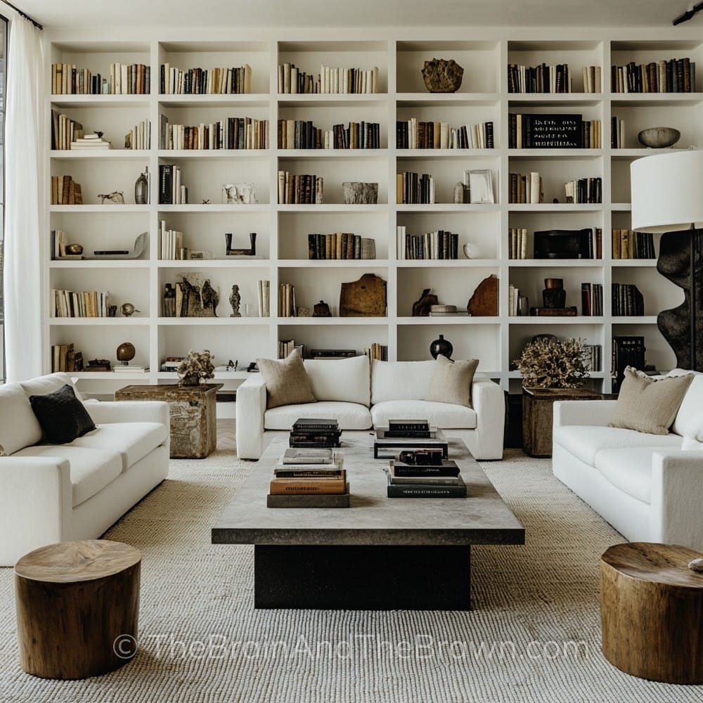 a modern cozy black and white living room with a large wall covered with bookshelves