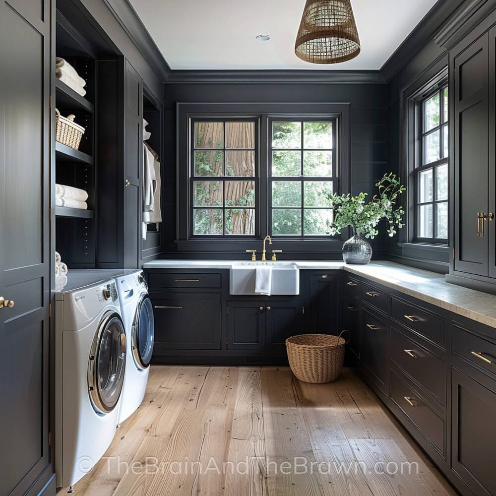 a U-shaped laundry room layout with dark cabinets and drawers, gold hardware and windows with hardwood floors