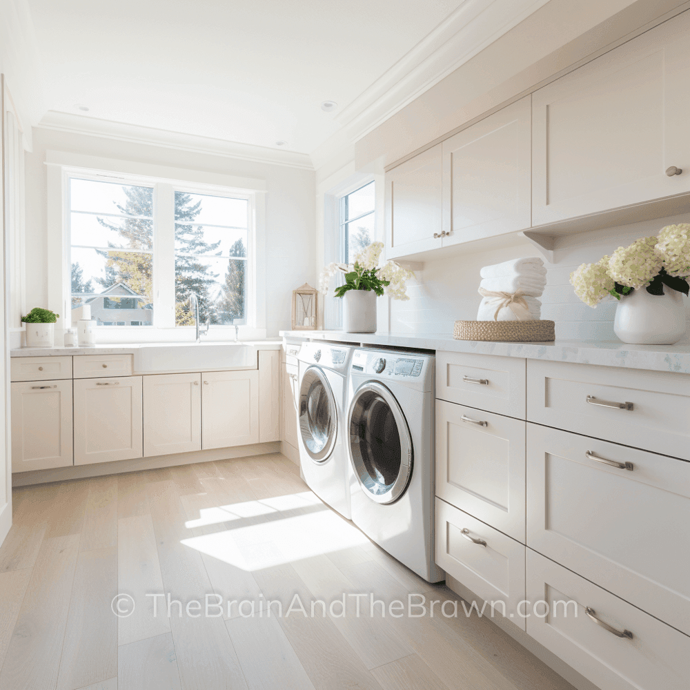 a large off-white laundry room L-shaped layout