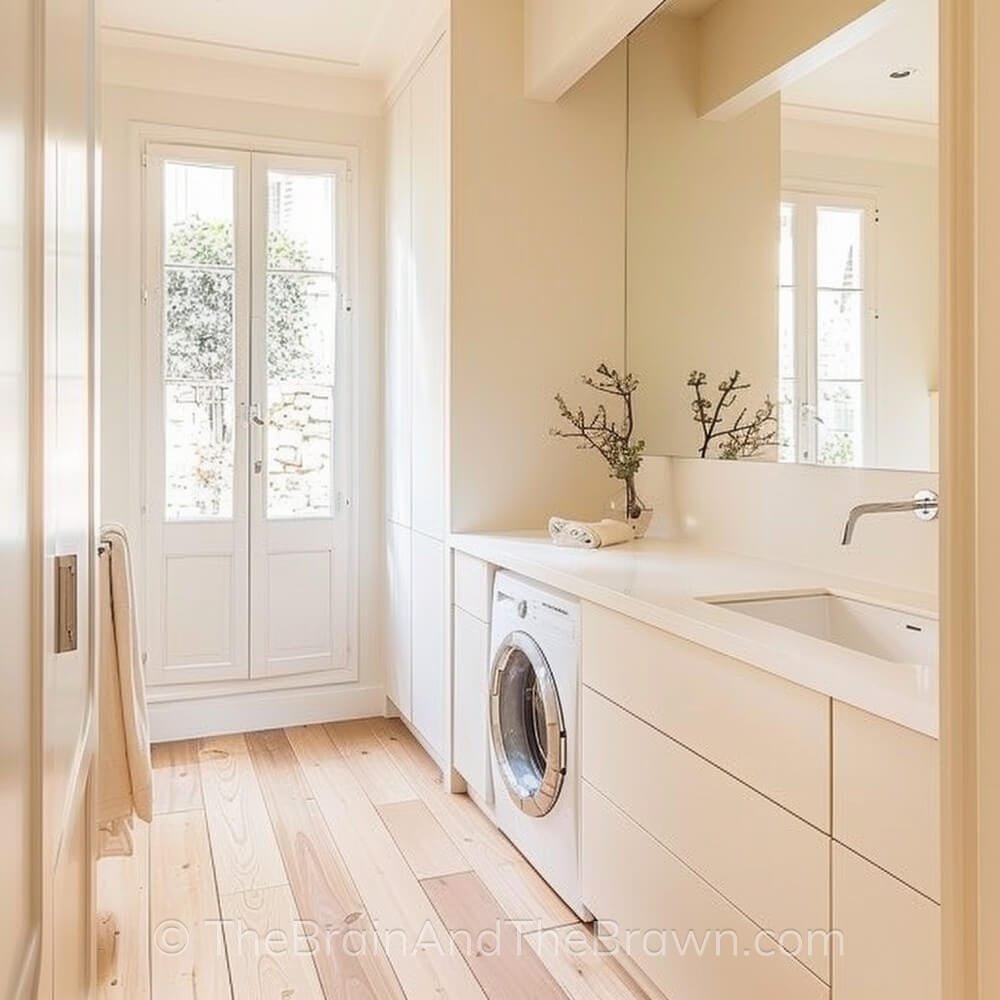 a laundry room layout with one wall and storage in cream colors and washer only with sink