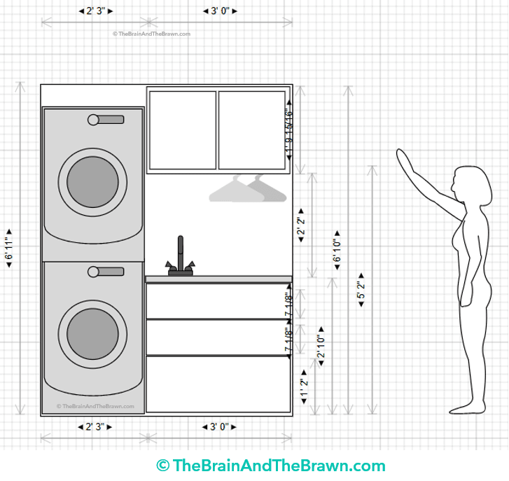 a black and white drawing showing laundry room dimensions elevation with stacked washer and dryer for a short person