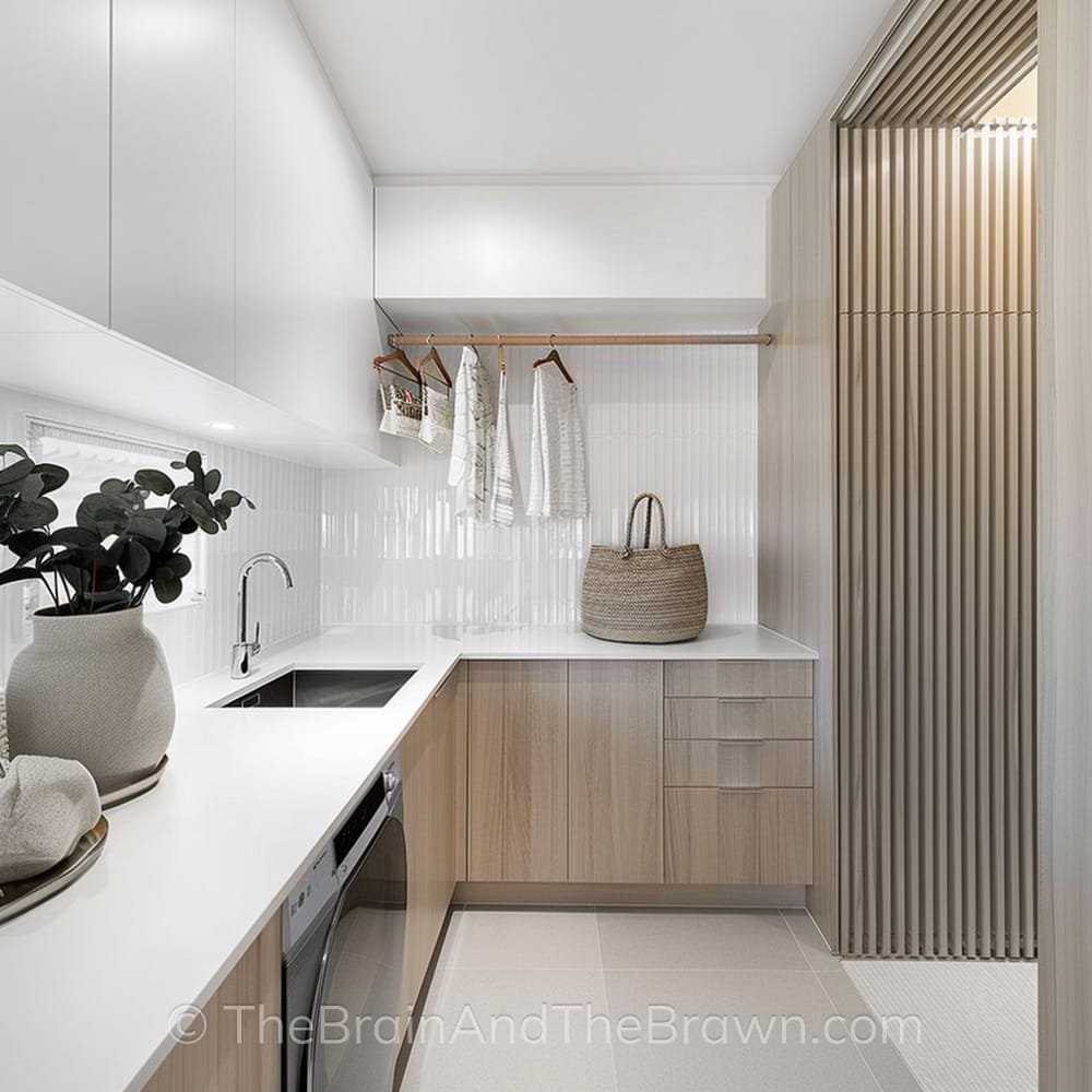 a modern laundry room design in L-shape layout with white and natural woods