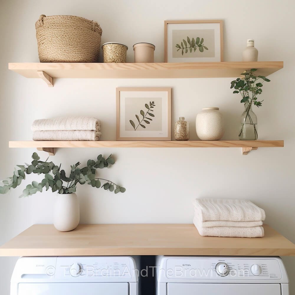 a simple laundry room layout with washer and dryer with shelves above