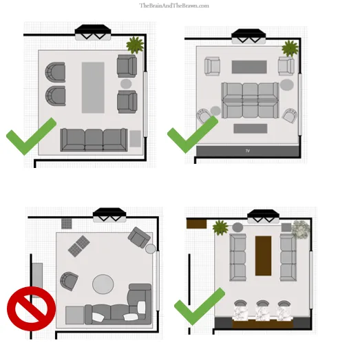 a floor plan layout showing how to best arrange living room furniture with TV and/or fireplaces