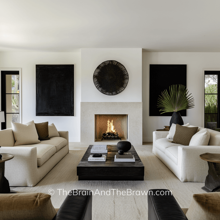 a modern elegant living room in black and white neutral griege colors with a fireplace and U-shaped layout furniture ideas