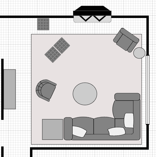 an illustrated graphic of a living room layout, simple and small with a fireplace