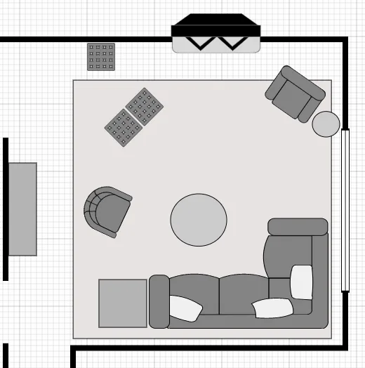 an illustrated graphic of a living room layout, simple and small with a fireplace