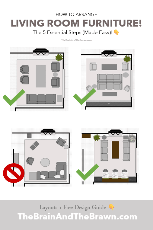 four floor plans showing how to arrange living room furniture