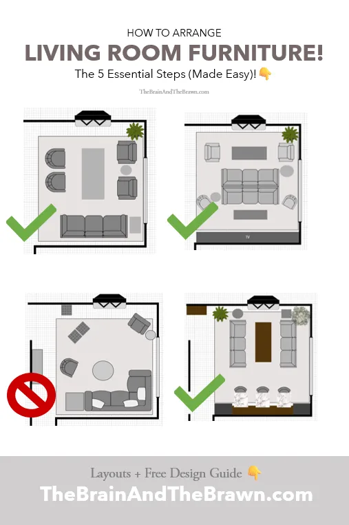 four floor plans showing how to arrange living room furniture