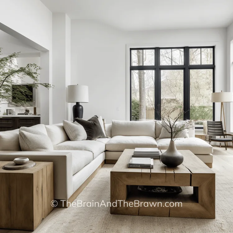 a serene, modern living room in neutral colors with a sectional layout arrangement