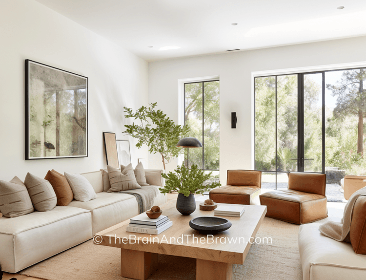 a living room arrangement with modern couches and chairs, windows, art on wall, and a wood coffee table
