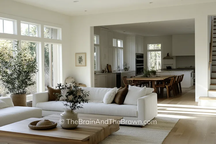 home interior showing living room furniture layout and kitchen with eat in dining room