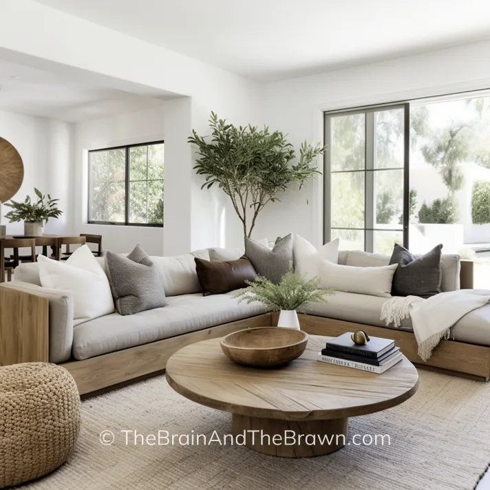 a wood sectional in a living room with a circular coffee table, showing living room furniture layout