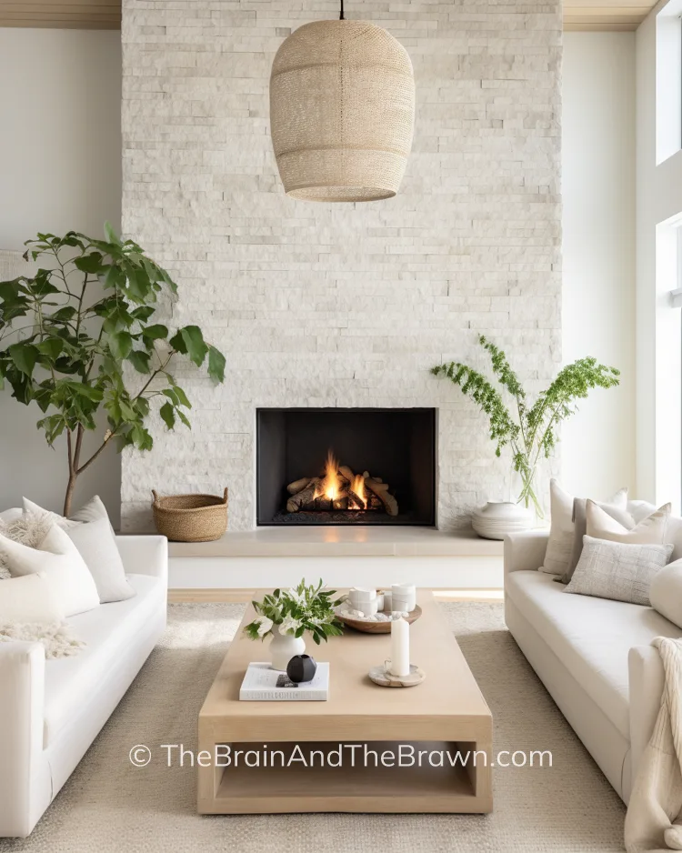 a white and cream living room showing living room furniture ideas with a stone fireplace