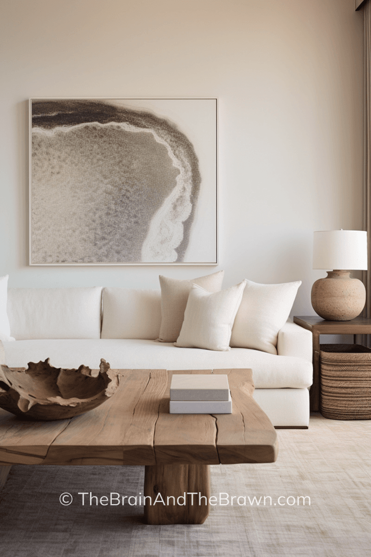 a simple coastal-style living room with artwork and rough wood coffee table with organic textures