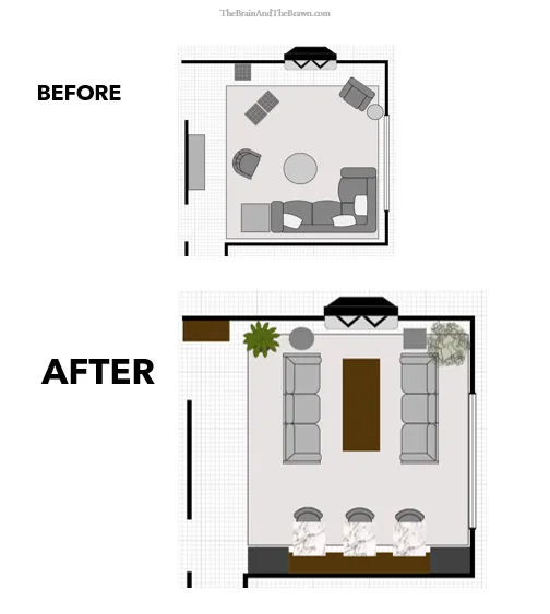a graphic showing small living room furniture arrangement easy with before and after floor plan layout