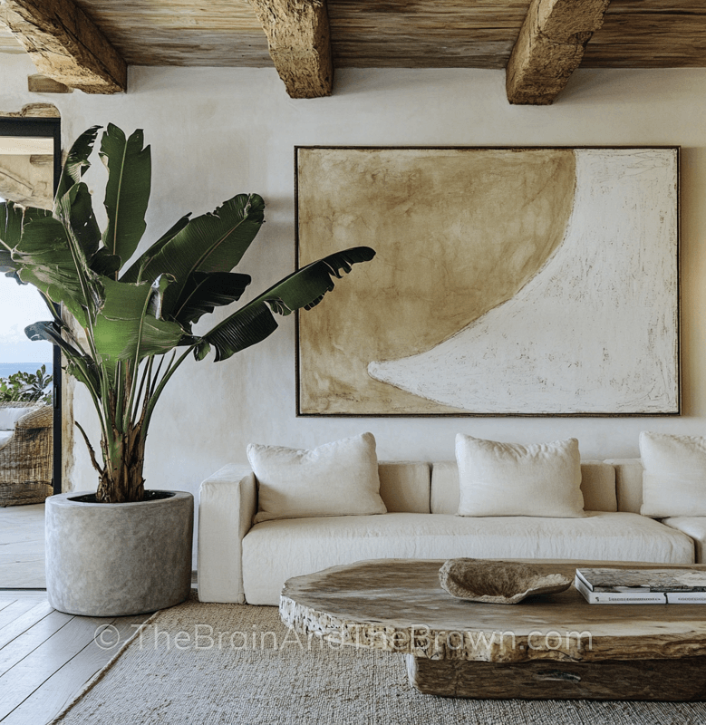 a decorated blank wall in home interior showing decor ideas and artwork canvas in abstract modern style, neutral colors